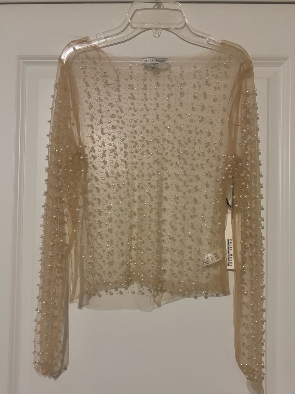 Haute Monde Nude Pearl-Embellished Mesh Long Sleeve Top